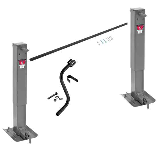 Bulldog 24K Landing Gear Set Dual Single Speed Trailer Jacks Non Spring Return Drop Legs Curbside and Roadside Facing Plunger Pins with Manual Override Crank Cross Shaft Tube with Slotted Ends and Hardware