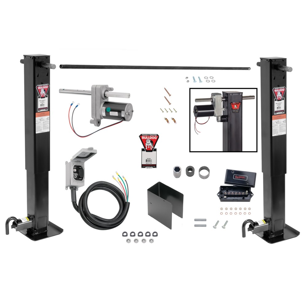 Bulldog 2x 12K Jacks Dual Landing Gear & Electric Motor Kit w/ Cross Shaft Pipe Combo Drop Leg w/ Spring Return Powered Drive- 26" Lift 