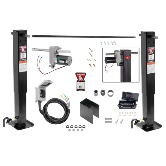 Bulldog 2x 12K Jacks Dual Landing Gear & Electric Motor Kit w/ Cross Shaft Pipe Combo Drop Leg w/ Spring Return Powered Drive- 26" Lift 