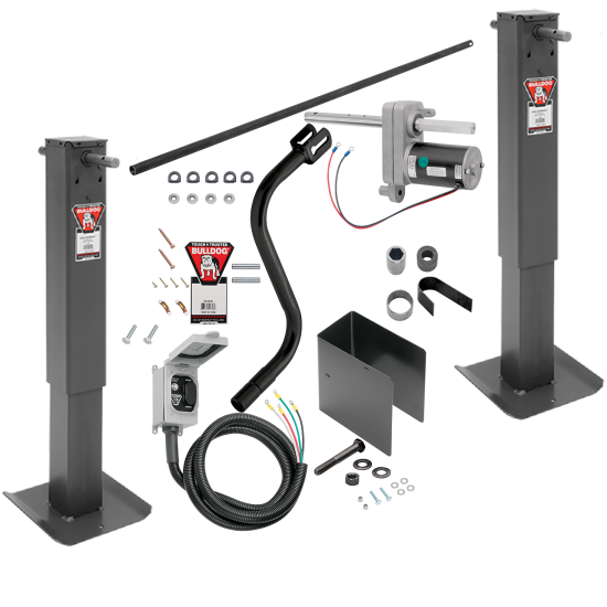 Bulldog 24K Electric Landing Gear Set Dual Single Speed Trailer Jacks Fixed Legs Bulldog Electric Motor Powered-Drive Kit Cross Shaft Tube with Slotted Ends and Hardware Manual Override Crank