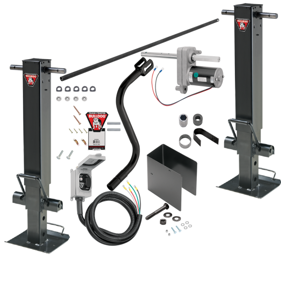 Bulldog 50K Electric Landing Gear Set Dual Single Speed Twin Cam Trailer Jacks Non Spring Return Drop Legs Bulldog Electric Motor Powered-Drive Kit Cross Shaft Tube with Slotted Ends and Hardware Manual Override Crank