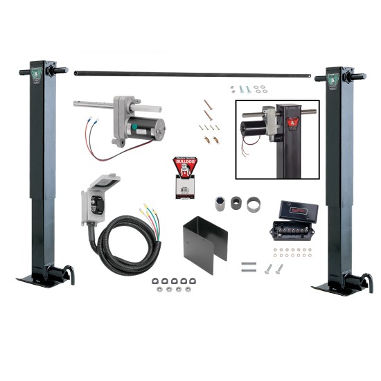 Bulldog 2x 12K Jacks Dual Landing Gear & Electric Motor Kit w/ Cross Shaft Pipe Combo Drop Leg w/ Spring Return w/ Side Pin Powered Drive- 26" Lift