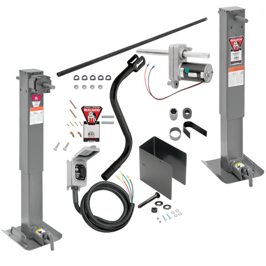 Bulldog 24K 2-Speed Electric Landing Gear Set Tandem Two Speed Trailer Jacks Planetary Gearbox Non Spring Return Drop Legs Curbside Plunger Pins Tandem Twin Bulldog Electric Powered-Drive Motors Manual Override Crank