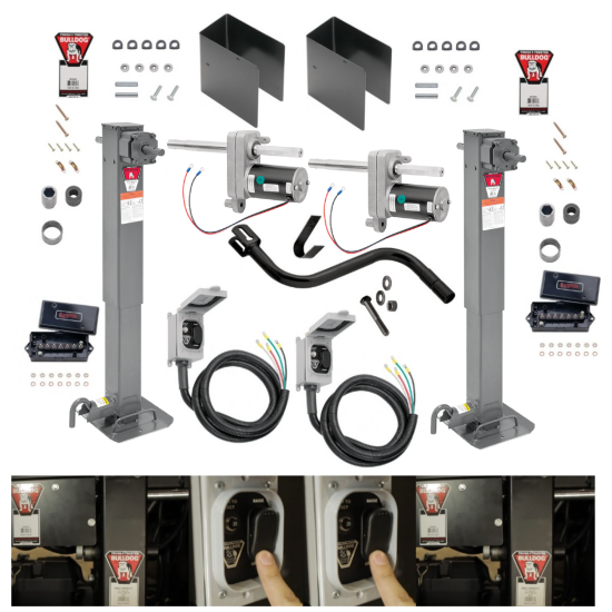 Bulldog 24K 2-Speed Electric Leveling Dual Motor Landing Gear Set Tandem Two Speed Trailer Jacks Planetary Gearbox Non Spring Return Drop Legs Curbside Plunger Pins, Tandem Twin Bulldog Electric Powered-Drive Motors, Manual Override Crank