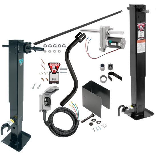 Bulldog 24K 2-Speed Electric Landing Gear Set Tandem Two Speed Trailer Jacks Planetary Gearbox Spring Return Drop Legs Front Plunger Pins Tandem Twin Bulldog Electric Powered-Drive Motors Manual Override Crank