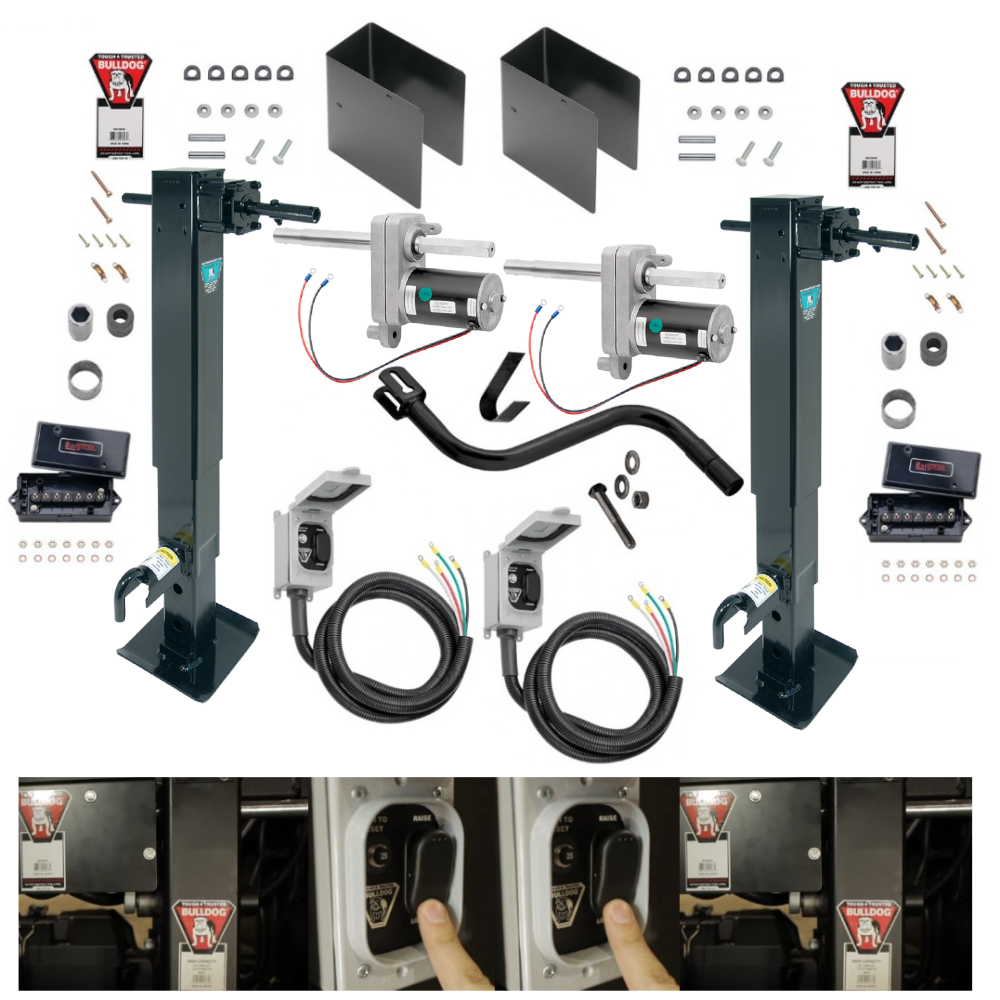 Bulldog 24K 2-Speed Electric Leveling Dual Motor Landing Gear Set Tandem Two Speed Trailer Jacks Planetary Gearbox Spring Return Drop Legs Front Plunger Pins, Tandem Twin Bulldog Electric Powered-Drive Motors, Manual Override Crank