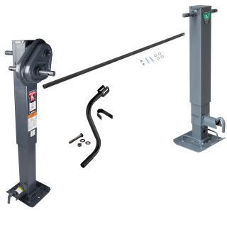 Bulldog 24K 2 Speed Landing Gear Set Two Speed Trailer Jack Traditional Gearbox and Companion Jack Non Spring Return Drop Leg Front Plunger Pin Cross Shaft Tube with Slotted Ends and Hardware Manual Override Crank