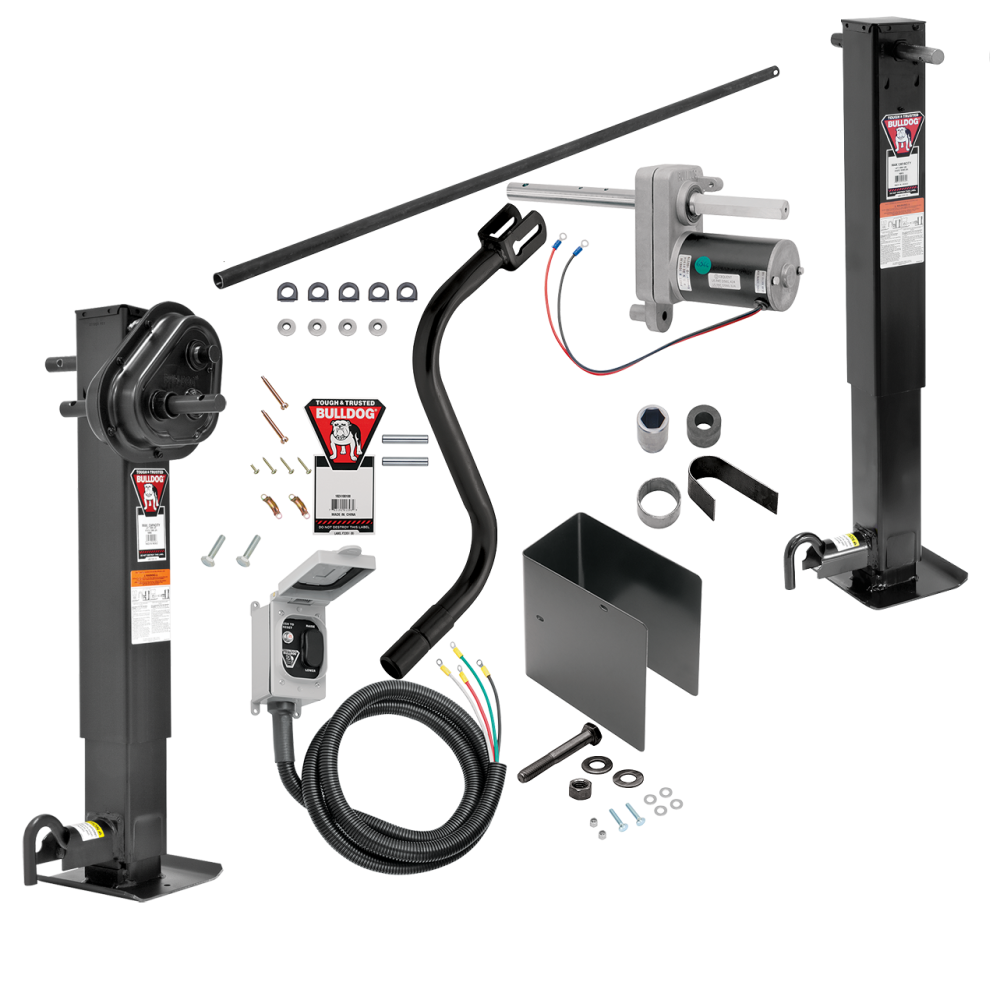 Bulldog 24K 2 Speed Electric Landing Gear Set Two Speed Trailer Jack Traditional Gearbox and Companion Jack Spring Return Drop Leg Front Plunger Pin, Bulldog Electric Motor Powered-Drive Kit, Cross Shaft Tube w/ Slotted Ends and Hardware, Manual Override 