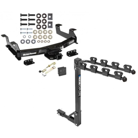 Trailer Tow Hitch w/ 4 Bike Rack For 11-14 Chevy Silverado GMC Sierra 2500 3500 HD tilt away adult or child arms fold down carrier w/ Lock and Cover