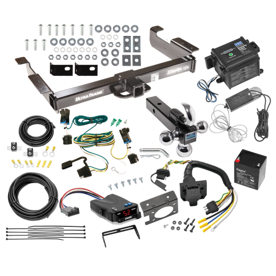 Class 5 2" Receiver Hitch For 03-24 Chevy Express GMC Savana Van w/ Draw-Tite Trailer Brake Control 7-Way RV Wiring Breakaway Battery Charger Complete System Tri-Tow-Ball 1-7/8" 2" 2-5/16"