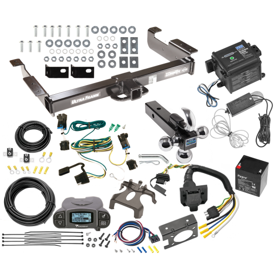 Class 5 2" Receiver Hitch For 03-24 Chevy Express GMC Savana Van w/ Tekonsha Prodigy P3 Trailer Brake Control 7-Way RV Wiring Breakaway Battery Charger Complete System Tri-Tow-Ball 1-7/8" 2" 2-5/16"