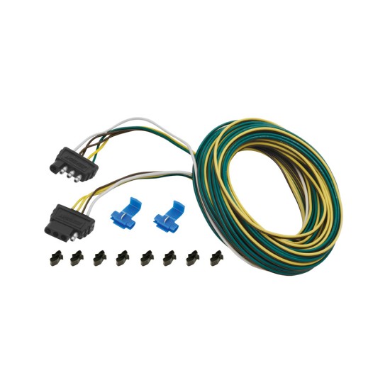 4-Flat Wiring Harness Tow Plug Kit Trailer End Connector, 25 ft Wishbone Harness Kit, 3 ft Ground w/4 ft Car End, 18" Ground