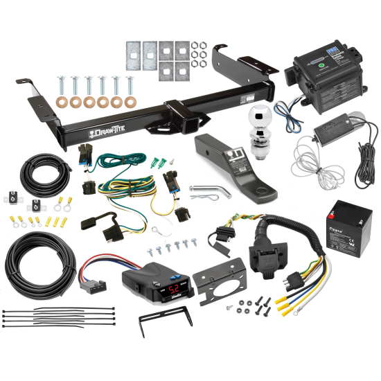 Class 3 Hitch For 03-24 Chevy Express GMC Savana Van w/ Draw-Tite Trailer Brake Control 7-Way RV Wiring Breakaway Battery Charger Complete System Receiver 2" Tow Ball