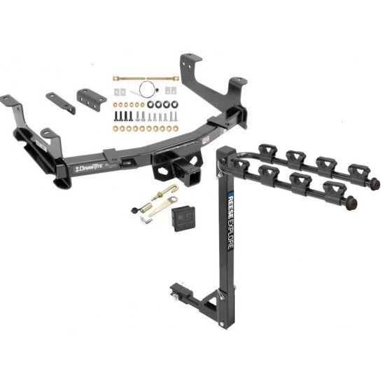 Trailer Tow Hitch w/ 4 Bike Rack For 15-19 Chevy Silverado GMC Sierra 2500HD 3500HD tilt away adult or child arms fold down carrier w/ Lock and Cover