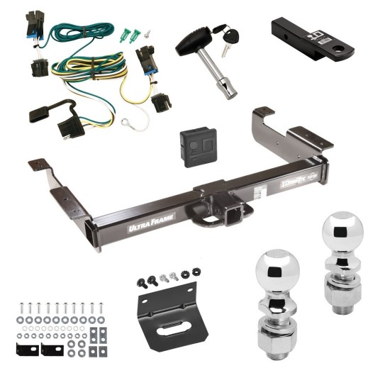 Ultimate Class 5 10K Tow Package For 03-14 Chevy Express GMC Savana 1500 03-24 2500 3500 Trailer Hitch w/ Wiring Dual 2" and 2-5/16" Ball 2" Drop Mount Lock Bracket Cover 2" Receiver 