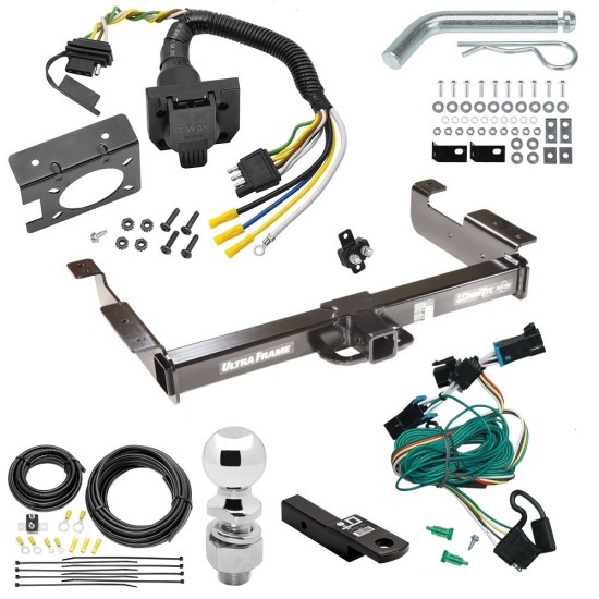 Class 5 10K Trailer Hitch Tow Package w/ 7-Way RV Wiring For 96-99 Chevy Express GMC Savana Van w/ 2-5/16" Ball 2" Drop Mount Ultra Frame 2" Receiver All Models 