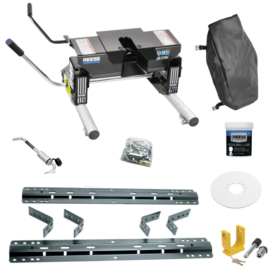 For 1997-1999 Ford F-350 Industry Standard Semi-Custom Above Bed Rail Kit + 16K Fifth Wheel + Round Tube Slider + King Pin Lock + Base Rail Lock + 10" Lube Plate + Fifth Wheel Cover + Lube (For 6-1/2' or Shorter Bed, Styleside, w/o Factory Puck Syste