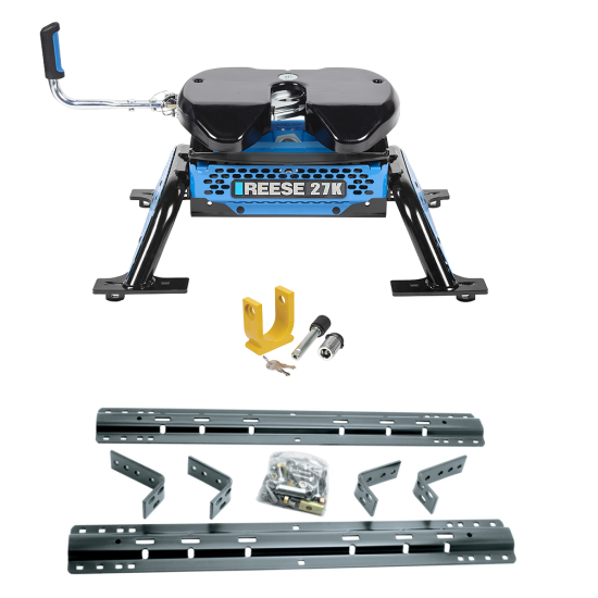 For 1973-2000 Chevrolet C/K Series Industry Standard Semi-Custom Above Bed Rail Kit + Reese M5 27K Fifth Wheel + King Pin Lock (For 5'8 or Shorter Bed (Sidewinder Required), w/o Factory Puck System Models) By Reese