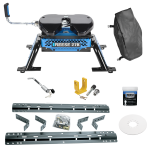 For 1975-1996 Ford F-150 Industry Standard Semi-Custom Above Bed Rail Kit + Reese M5 27K Fifth Wheel + King Pin Lock + Base Rail Lock + 10" Lube Plate + Fifth Wheel Cover + Lube (For 5'8 or Shorter Bed (Sidewinder Required), w/o Factory Puck System M