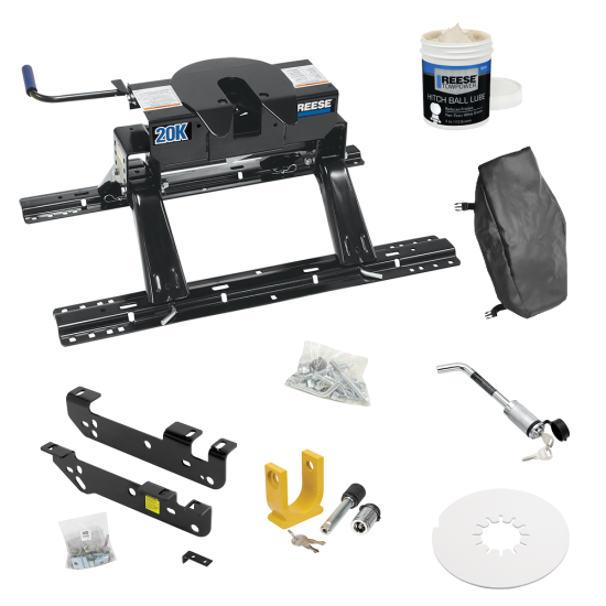 For 2011-2016 Ford F-450 Super Duty Custom Industry Standard Above Bed Rail Kit + 20K Fifth Wheel + King Pin Lock + Base Rail Lock + 10" Lube Plate + Fifth Wheel Cover + Lube (For 5'8 or Shorter Bed (Sidewinder Required), Except Cab & Chassis, w/