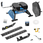 For 2011-2016 Ford F-450 Super Duty Custom Industry Standard Above Bed Rail Kit + Reese M5 27K Fifth Wheel + King Pin Lock + Base Rail Lock + 10" Lube Plate + Fifth Wheel Cover + Lube (For 5'8 or Shorter Bed (Sidewinder Required), Except Cab & Ch