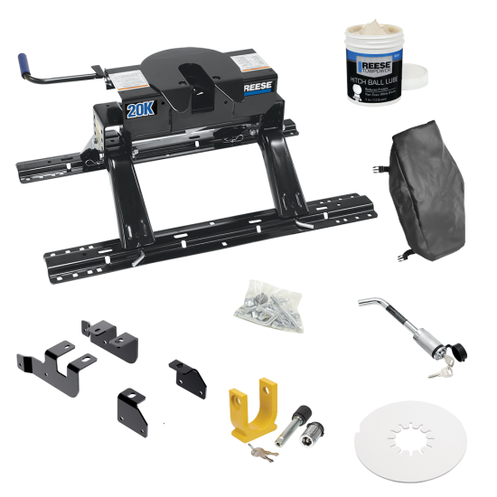 For 2014-2018 RAM 2500 Custom Industry Standard Above Bed Rail Kit + 20K Fifth Wheel + King Pin Lock + Base Rail Lock + 10" Lube Plate + Fifth Wheel Cover + Lube (For 5'8 or Shorter Bed (Sidewinder Required), w/o Factory Puck System Models) By Reese