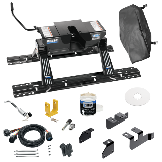 For 2014-2018 RAM 2500 Custom Industry Standard Above Bed Rail Kit + 16K Fifth Wheel + In-Bed Wiring + King Pin Lock + Base Rail Lock + 10" Lube Plate + Fifth Wheel Cover + Lube (For 6-1/2' and 8 foot Bed, w/o Factory Puck System Models) By Reese