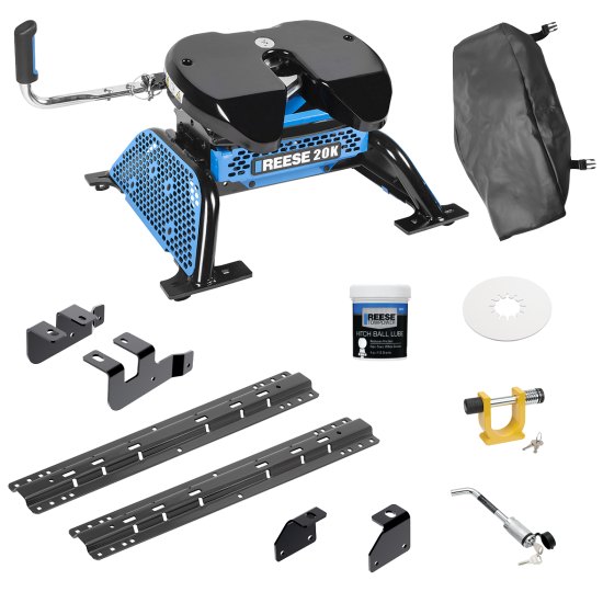 For 2014-2018 RAM 2500 Custom Industry Standard Above Bed Rail Kit + Reese M5 20K Fifth Wheel + King Pin Lock + Base Rail Lock + 10" Lube Plate + Fifth Wheel Cover + Lube (For 5'8 or Shorter Bed (Sidewinder Required), w/o Factory Puck System Models) 