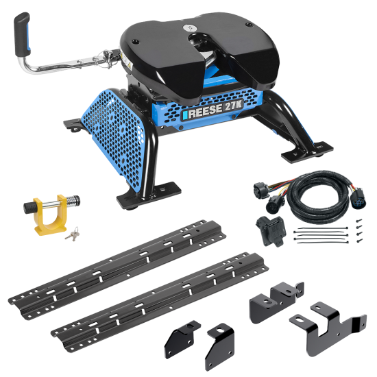 For 2014-2018 RAM 2500 Custom Industry Standard Above Bed Rail Kit + Reese M5 27K Fifth Wheel + In-Bed Wiring + King Pin Lock (For 6-1/2' and 8 foot Bed, w/o Factory Puck System Models) By Reese