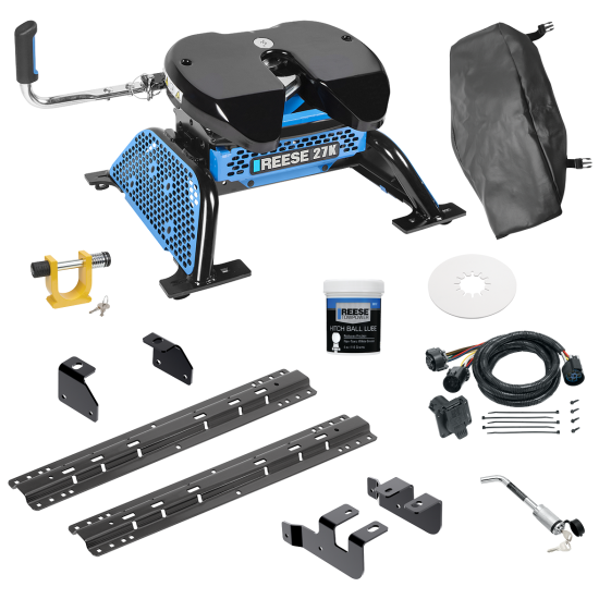 For 2014-2018 RAM 2500 Custom Industry Standard Above Bed Rail Kit + Reese M5 27K Fifth Wheel + In-Bed Wiring + King Pin Lock + Base Rail Lock + 10" Lube Plate + Fifth Wheel Cover + Lube (For 5'8 or Shorter Bed (Sidewinder Required), w/o Factory Puck