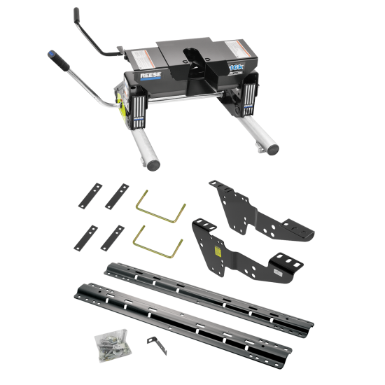 For 1999-2004 GMC Sierra 2500 Custom Industry Standard Above Bed Rail Kit + 16K Fifth Wheel + Round Tube Slider (For 6-1/2' or Shorter Bed, w/o Factory Puck System Models) By Reese