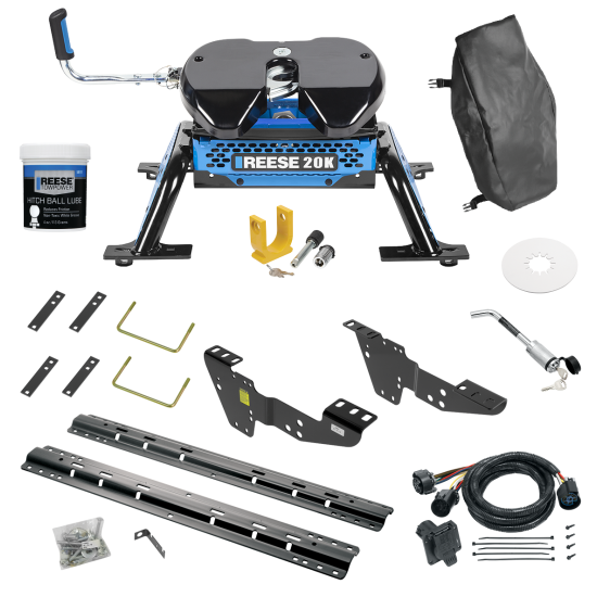 For 2001-2006 GMC Sierra 1500 HD Custom Industry Standard Above Bed Rail Kit + Reese M5 20K Fifth Wheel + In-Bed Wiring + King Pin Lock + Base Rail Lock + 10" Lube Plate + Fifth Wheel Cover + Lube (For 6-1/2' and 8 foot Bed, w/o Factory Puck System M