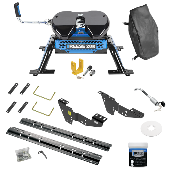 For 2001-2006 GMC Sierra 3500 Custom Industry Standard Above Bed Rail Kit + Reese M5 20K Fifth Wheel + King Pin Lock + Base Rail Lock + 10" Lube Plate + Fifth Wheel Cover + Lube (For 5'8 or Shorter Bed (Sidewinder Required), w/o Factory Puck System M