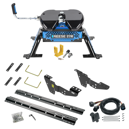 For 2001-2006 GMC Sierra 3500 Custom Industry Standard Above Bed Rail Kit + Reese M5 27K Fifth Wheel + In-Bed Wiring + King Pin Lock (For 6-1/2' and 8 foot Bed, w/o Factory Puck System Models) By Reese