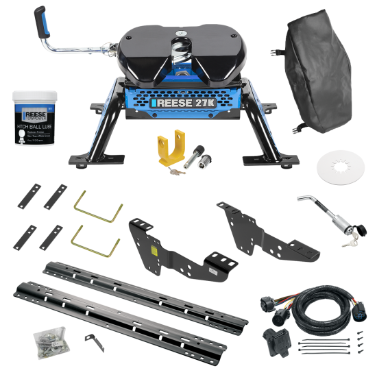 For 2001-2006 GMC Sierra 3500 Custom Industry Standard Above Bed Rail Kit + Reese M5 27K Fifth Wheel + In-Bed Wiring + King Pin Lock + Base Rail Lock + 10" Lube Plate + Fifth Wheel Cover + Lube (For 6-1/2' and 8 foot Bed, w/o Factory Puck System Mode