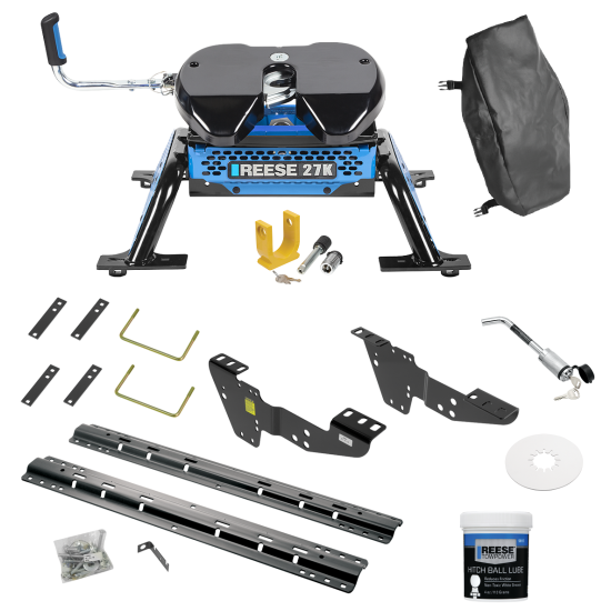 For 1999-2004 GMC Sierra 2500 Custom Industry Standard Above Bed Rail Kit + Reese M5 27K Fifth Wheel + King Pin Lock + Base Rail Lock + 10" Lube Plate + Fifth Wheel Cover + Lube (For 5'8 or Shorter Bed (Sidewinder Required), w/o Factory Puck System M