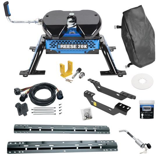 For 2011-2019 Chevrolet Silverado 2500 HD Custom Industry Standard Above Bed Rail Kit + Reese M5 20K Fifth Wheel + In-Bed Wiring + King Pin Lock + Base Rail Lock + 10" Lube Plate + Fifth Wheel Cover + Lube (For 5'8 or Shorter Bed (Sidewinder Required