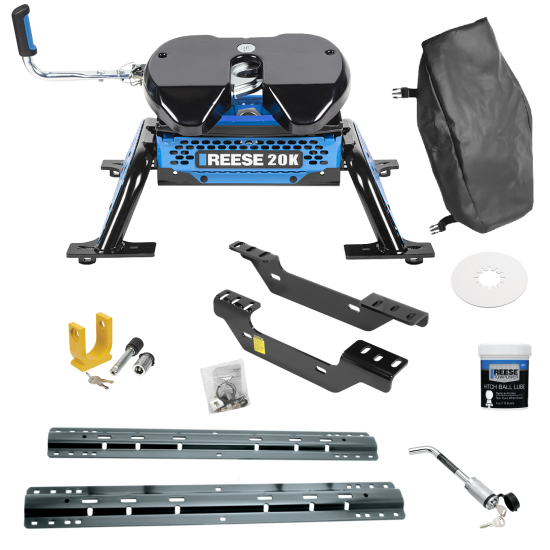 For 2011-2019 Chevrolet Silverado 2500 HD Custom Industry Standard Above Bed Rail Kit + Reese M5 20K Fifth Wheel + King Pin Lock + Base Rail Lock + 10" Lube Plate + Fifth Wheel Cover + Lube (For 5'8 or Shorter Bed (Sidewinder Required), Except w/OEM 