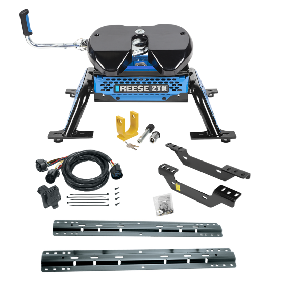 For 2011-2019 Chevrolet Silverado 2500 HD Custom Industry Standard Above Bed Rail Kit + Reese M5 27K Fifth Wheel + In-Bed Wiring + King Pin Lock (For 5'8 or Shorter Bed (Sidewinder Required), Except w/OEM HD Towing Prep Package, w/o Factory Puck System Mo