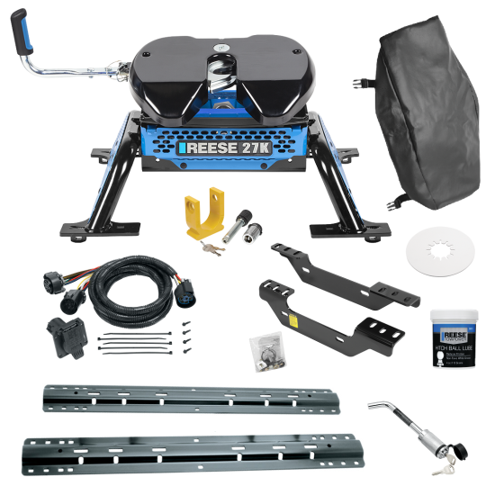 For 2011-2019 Chevrolet Silverado 3500 HD Custom Industry Standard Above Bed Rail Kit + Reese M5 27K Fifth Wheel + In-Bed Wiring + King Pin Lock + Base Rail Lock + 10" Lube Plate + Fifth Wheel Cover + Lube (For 5'8 or Shorter Bed (Sidewinder Required