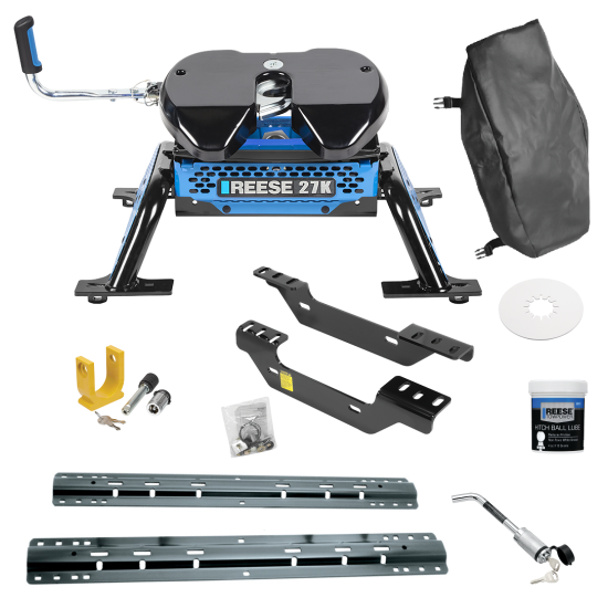 For 2011-2019 Chevrolet Silverado 3500 HD Custom Industry Standard Above Bed Rail Kit + Reese M5 27K Fifth Wheel + King Pin Lock + Base Rail Lock + 10" Lube Plate + Fifth Wheel Cover + Lube (For 5'8 or Shorter Bed (Sidewinder Required), Except w/OEM 