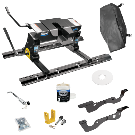 For 2017-2022 Ford F-350 Super Duty Custom Industry Standard Above Bed Rail Kit + 16K Fifth Wheel + Square Slider + King Pin Lock + Base Rail Lock + 10" Lube Plate + Fifth Wheel Cover + Lube (For 6-1/2' or Shorter Bed, Except Dual Rear Wheel or Cab &