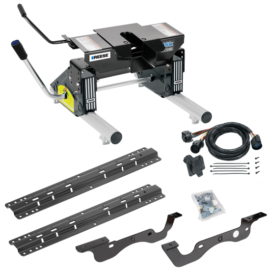 For 2017-2022 Ford F-350 Super Duty Custom Industry Standard Above Bed Rail Kit + 16K Fifth Wheel + Round Tube Slider + In-Bed Wiring (For 6-1/2' or Shorter Bed, Except Dual Rear Wheel or Cab & Chassis, w/o Factory Puck System Models) By Reese