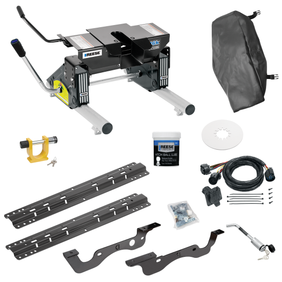 For 2017-2022 Ford F-250 Super Duty Custom Industry Standard Above Bed Rail Kit + 16K Fifth Wheel + Round Tube Slider + In-Bed Wiring + King Pin Lock + Base Rail Lock + 10" Lube Plate + Fifth Wheel Cover + Lube (For 6-1/2' or Shorter Bed, Except Dual