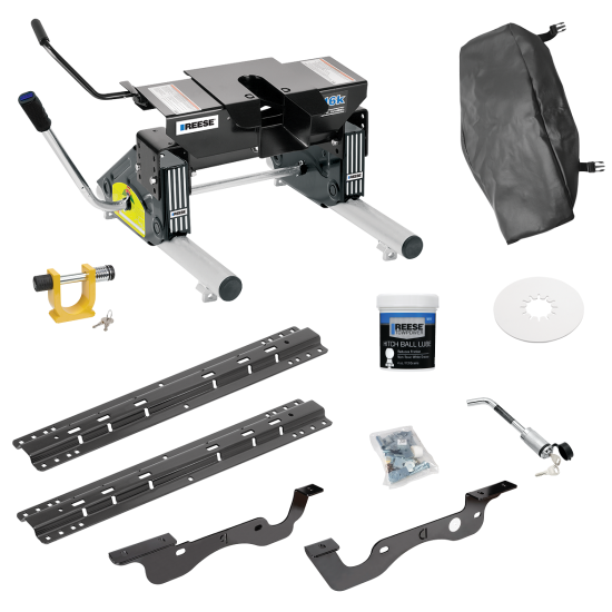 For 2017-2022 Ford F-250 Super Duty Custom Industry Standard Above Bed Rail Kit + 16K Fifth Wheel + Round Tube Slider + King Pin Lock + Base Rail Lock + 10" Lube Plate + Fifth Wheel Cover + Lube (For 6-1/2' or Shorter Bed, Except Dual Rear Wheel or C