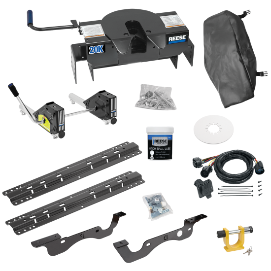 For 2017-2022 Ford F-250 Super Duty Custom Industry Standard Above Bed Rail Kit + 20K Fifth Wheel + Round Tube Slider + In-Bed Wiring + King Pin Lock + Base Rail Lock + 10" Lube Plate + Fifth Wheel Cover + Lube (For 6-1/2' or Shorter Bed, Except Dual