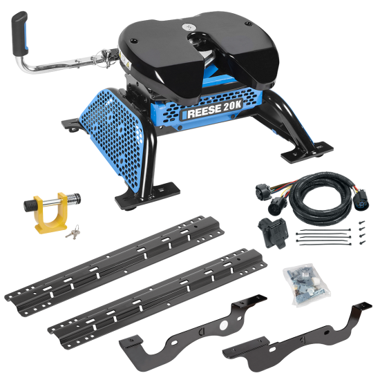 For 2017-2022 Ford F-250 Super Duty Custom Industry Standard Above Bed Rail Kit + Reese M5 20K Fifth Wheel + In-Bed Wiring + King Pin Lock (For 5'8 or Shorter Bed (Sidewinder Required), Except Dual Rear Wheel or Cab & Chassis, w/o Factory Puck System 