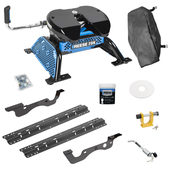 For 2017-2022 Ford F-250 Super Duty Custom Industry Standard Above Bed Rail Kit + Reese M5 20K Fifth Wheel + King Pin Lock + Base Rail Lock + 10" Lube Plate + Fifth Wheel Cover + Lube (For 5'8 or Shorter Bed (Sidewinder Required), Except Dual Rear Wh