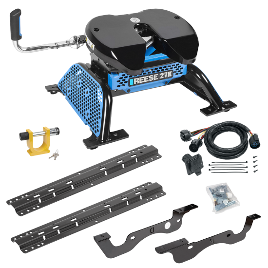 For 2017-2022 Ford F-350 Super Duty Custom Industry Standard Above Bed Rail Kit + Reese M5 27K Fifth Wheel + In-Bed Wiring + King Pin Lock (For 5'8 or Shorter Bed (Sidewinder Required), Except Dual Rear Wheel or Cab & Chassis, w/o Factory Puck System 