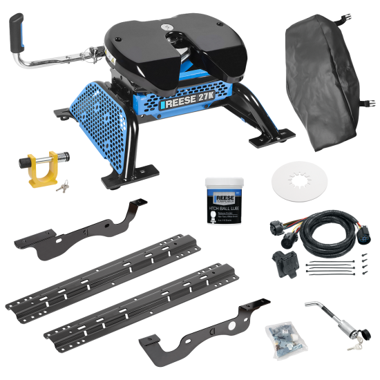 For 2017-2022 Ford F-250 Super Duty Custom Industry Standard Above Bed Rail Kit + Reese M5 27K Fifth Wheel + In-Bed Wiring + King Pin Lock + Base Rail Lock + 10" Lube Plate + Fifth Wheel Cover + Lube (For 6-1/2' and 8 foot Bed, Except Dual Rear Wheel